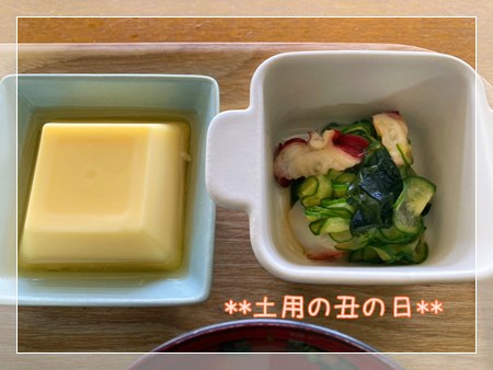 昼ごはんの小鉢2個、たまご豆腐とたことわかめときゅうりの酢の物の画像