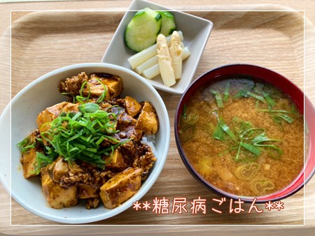 カルディの黒麻婆豆腐の素で作った糖質・脂質・カロリーオフの麻婆丼の糖尿病ごはん。