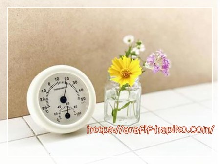 湿度と温度を示す丸い湿度計と小さな花。