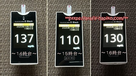 和昼食を食べた日の血糖値推移。緩やかな上昇と安定した下降カーブを示す。