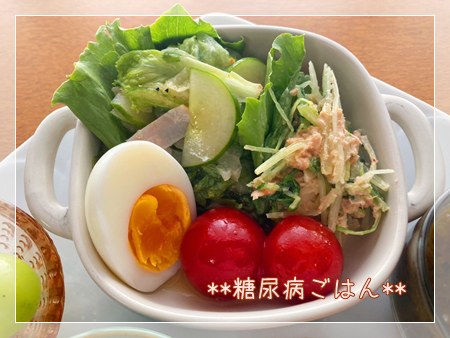 水菜とツナのサラダとレタス・きゅうり・ハムのサラダに、ゆで卵とミニトマトを添えた糖尿病ごはんの朝食プレートの一部。
