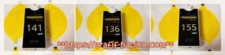 「食後1時間～3時間後の141、136、155mg/dLと表示された血糖値測定器の画面のコラージュ」