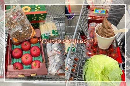 コストコで購入したりんごや舞茸、ミニトマト、キャベツ、チョコソフトが乗ったショッピングカート。