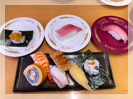 スシローの中トロ・ウニ・伊達巻ロールなどのランチ写真。糖尿病管理の糖質目安を紹介。