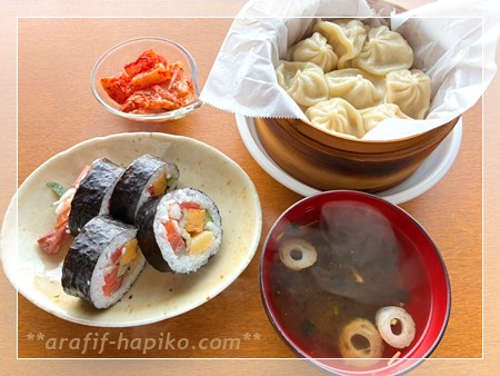 節分の日の恵方巻と小籠包ランチ：海鮮恵方巻と小籠包、お吸い物とキムチ